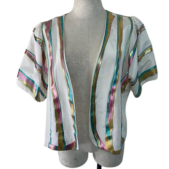 Terry Toni Vintage Womens Jacket Size Medium White Hand Painted Short Sleeve - Picture 10 of 10